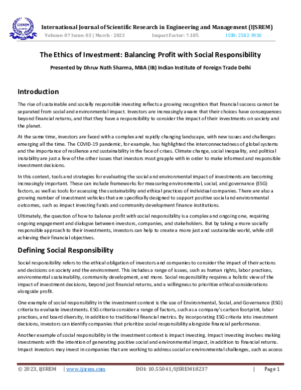 (PDF) The Ethics of Investment: Balancing Profit with Social Responsibility