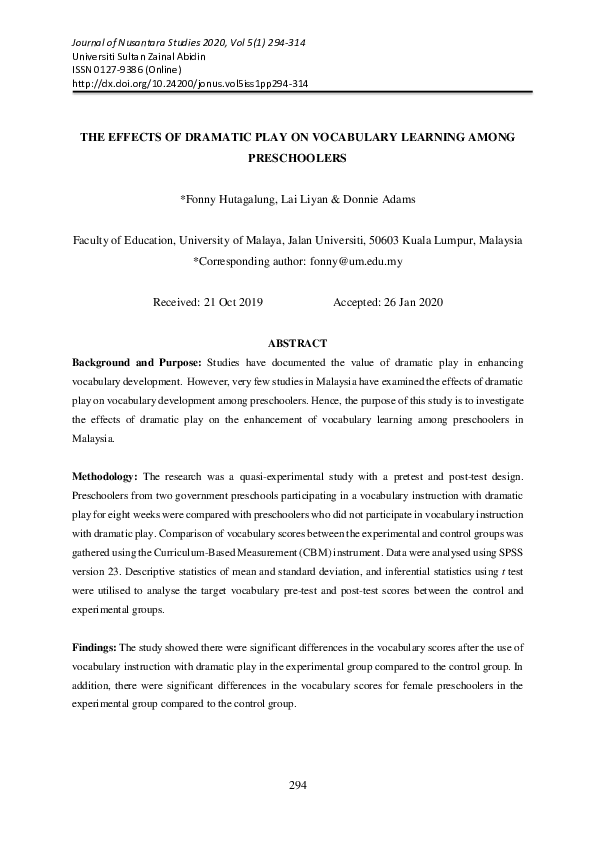 (PDF) The Effects of Dramatic Play on Vocabulary Learning Among ...