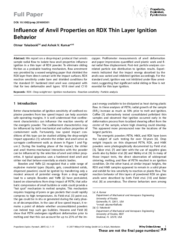 (PDF) Influence of Anvil Properties on RDX Thin Layer Ignition Behavior