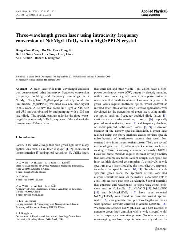 (PDF) Three-wavelength green laser using intracavity frequency ...