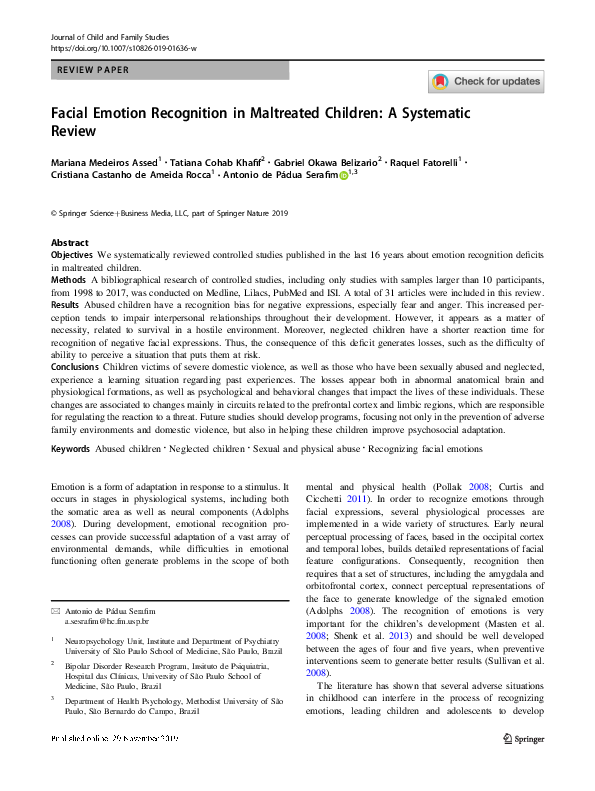 (PDF) Facial Emotion Recognition in Maltreated Children: A Systematic ...