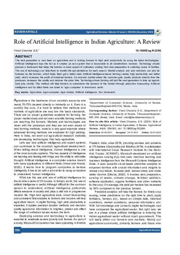 (PDF) Role of Artificial Intelligence in Indian Agriculture: A Review