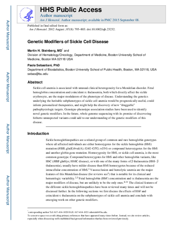 (PDF) Genetic modifiers of sickle cell disease