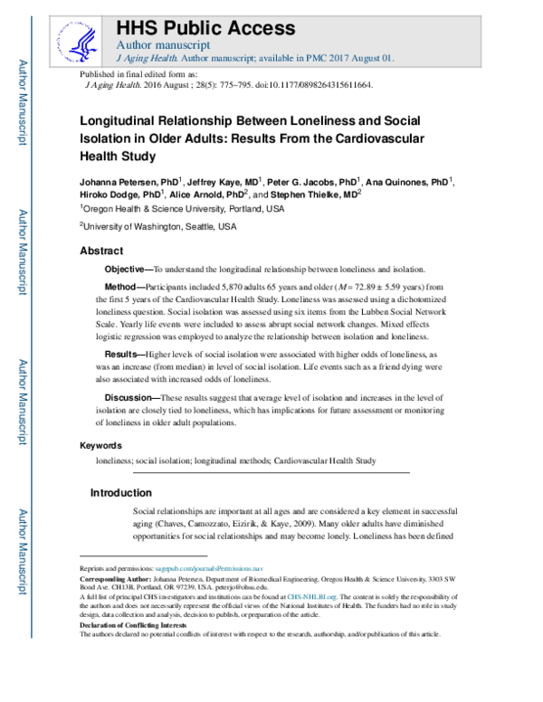 (PDF) Longitudinal Relationship Between Loneliness and Social Isolation ...