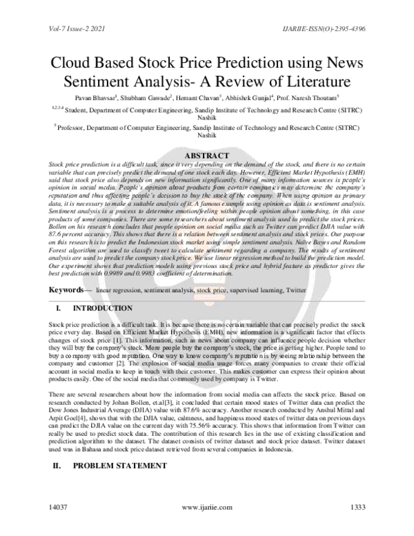 (PDF) Cloud Based Stock Price Prediction using News Sentiment Analysis ...