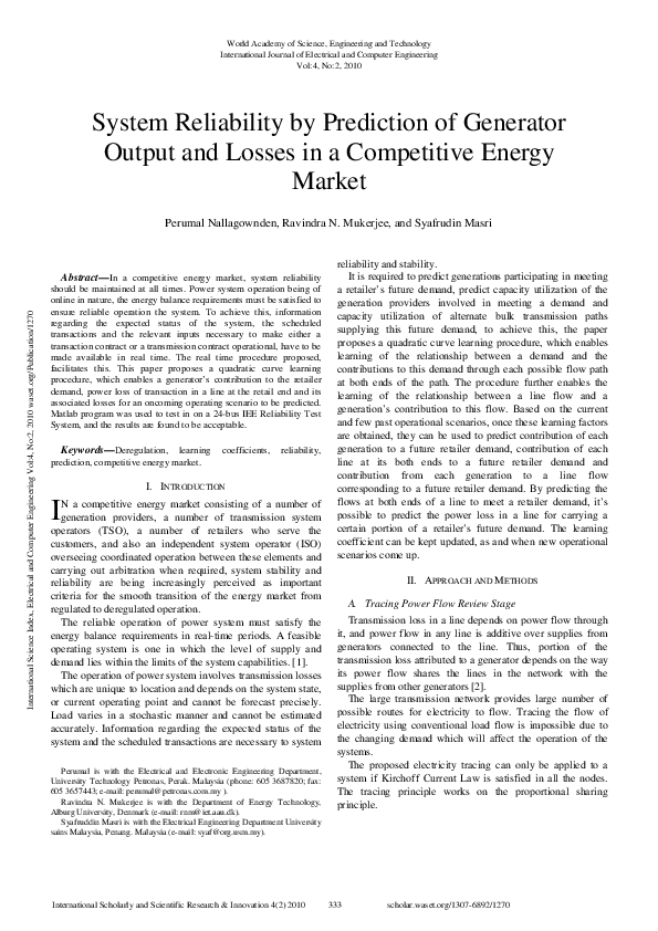 (PDF) System Reliability By Prediction Of Generator Output And Losses ...