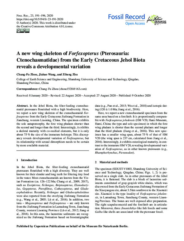 (PDF) A new wing skeleton of Forfexopterus (Pterosauria ...