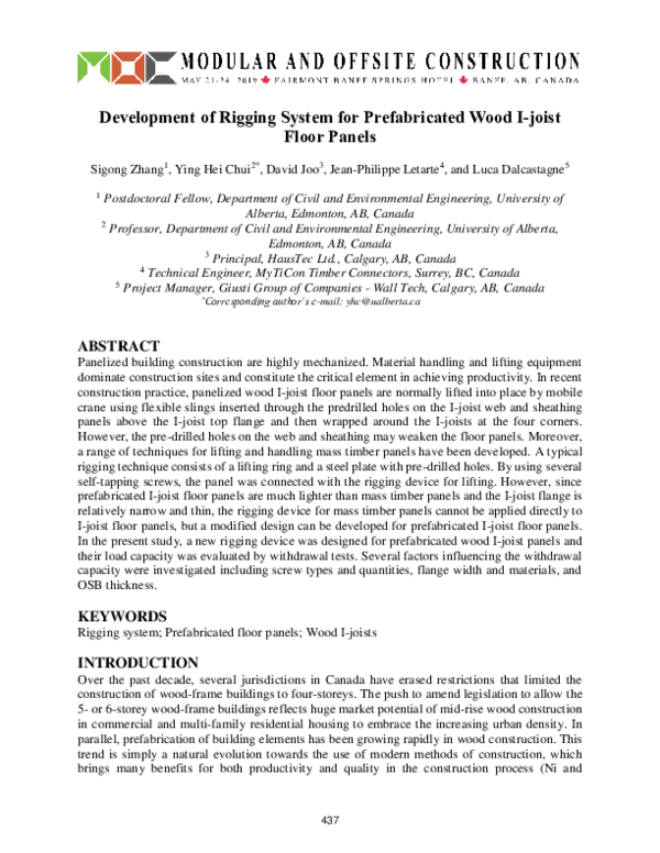 (PDF) Development of Rigging System for Prefabricated Wood I-joist ...