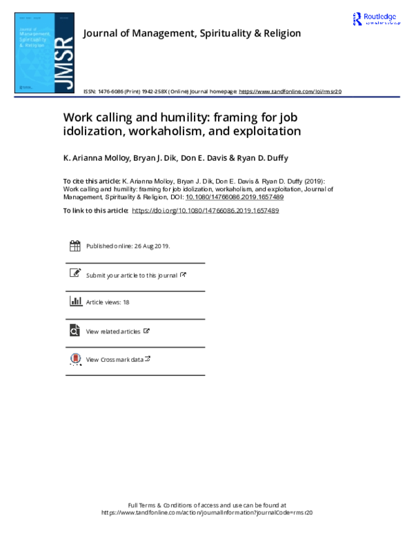 (PDF) Work calling and humility: Framing for job idolization ...
