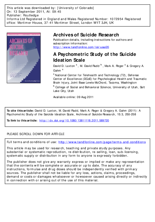 (PDF) A Psychometric Study of the Suicide Ideation Scale