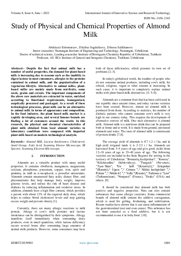 (PDF) Study of Physical and Chemical Properties of Almond Milk