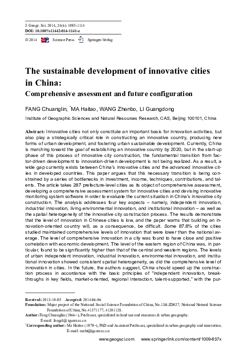 (PDF) The sustainable development of innovative cities in China ...