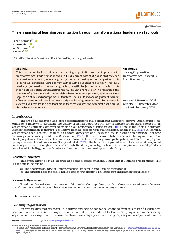(PDF) The enhancing of learning organization through transformational ...