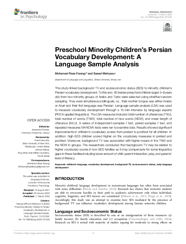 (PDF) Preschool Minority Children’s Persian Vocabulary Development: A ...