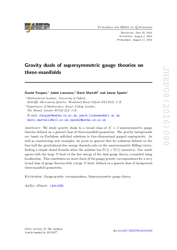 (PDF) Gravity duals of supersymmetric gauge theories on three-manifolds