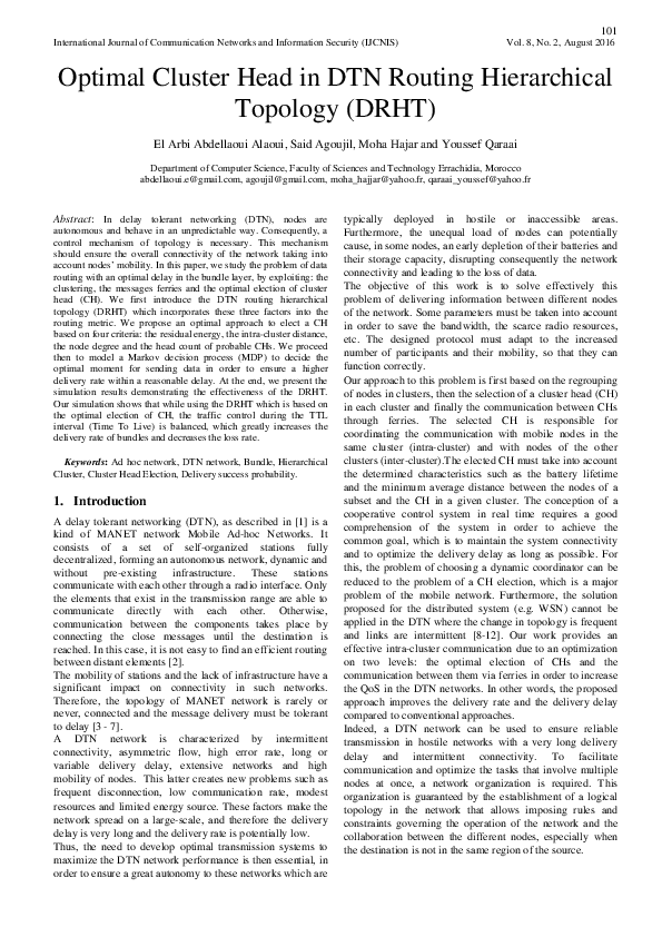 (PDF) Optimal Cluster Head in DTN Routing Hierarchical Topology (DRHT)