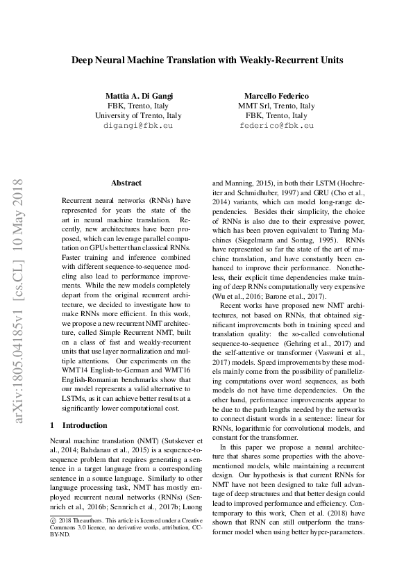 (PDF) Deep Neural Machine Translation with Weakly-Recurrent Units