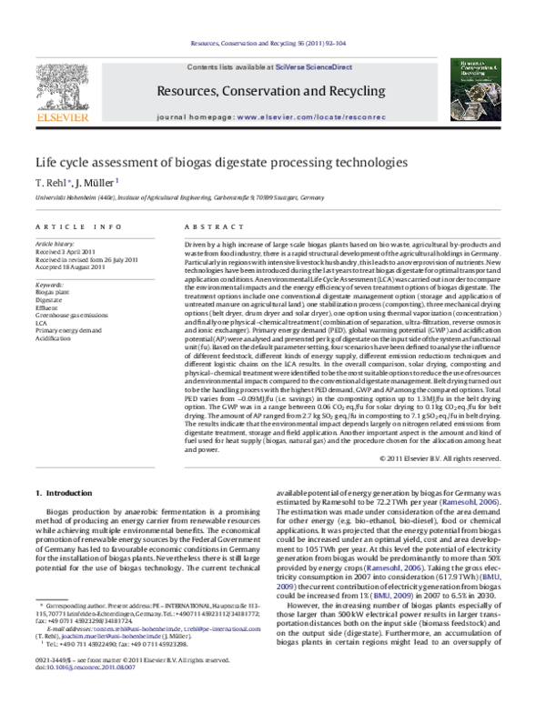 (PDF) Life cycle assessment of biogas digestate processing technologies