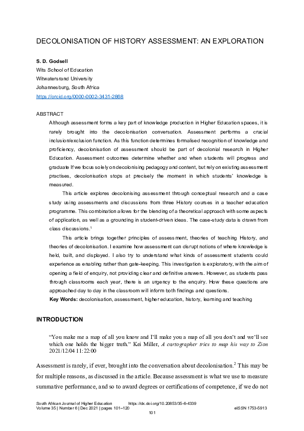 (PDF) Decolonisation of history assessment: An exploration