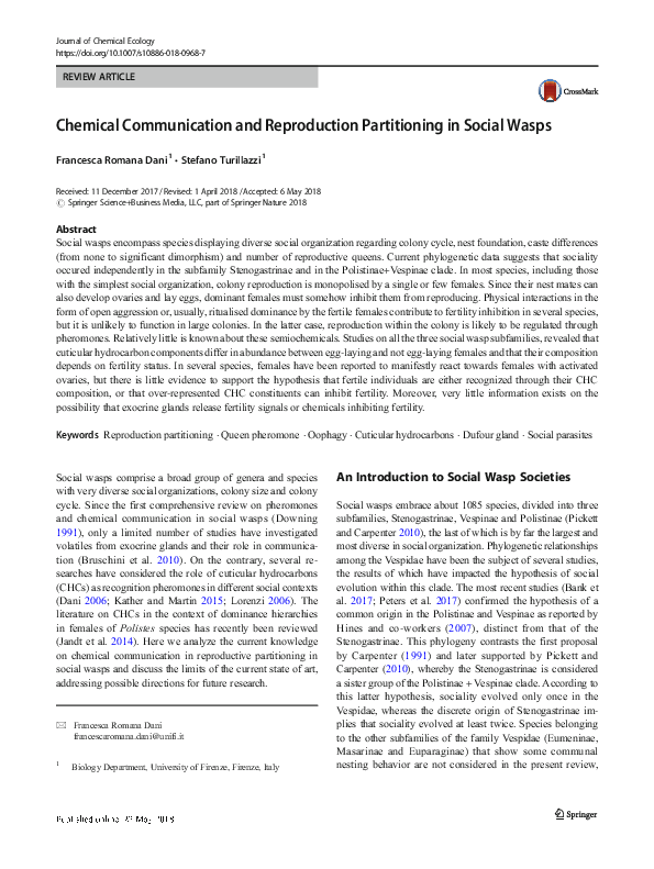 (PDF) Chemical Communication and Reproduction Partitioning in Social Wasps