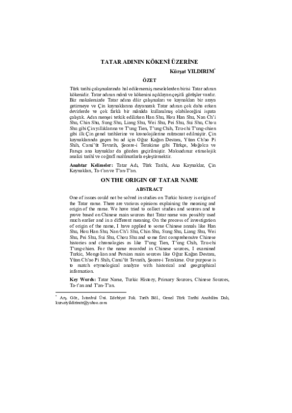 (PDF) TATAR ADININ KÖKENİ ÜZERİNE - ON THE ORIGIN OF TATAR NAME