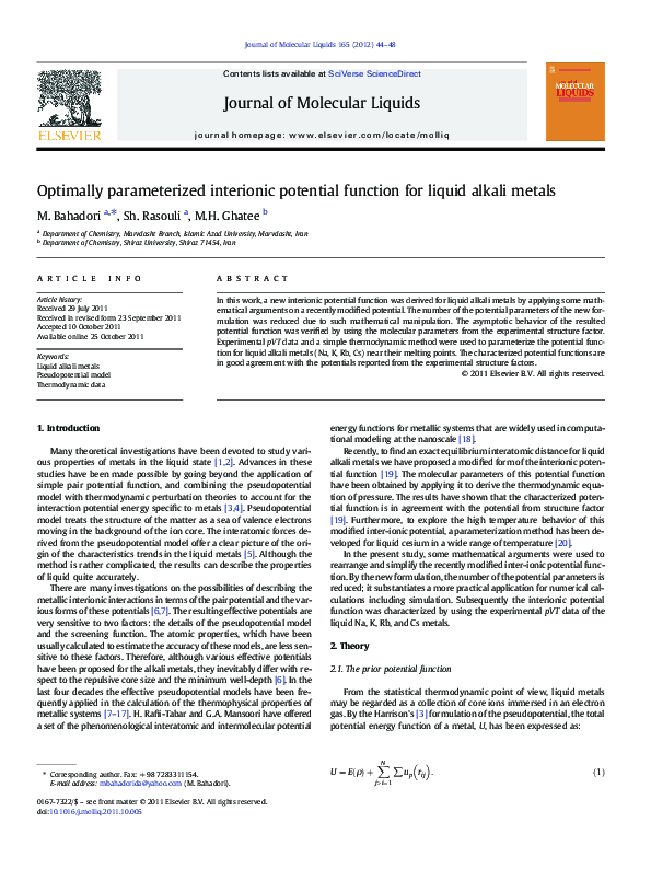 (PDF) Optimally parameterized interionic potential function for liquid ...