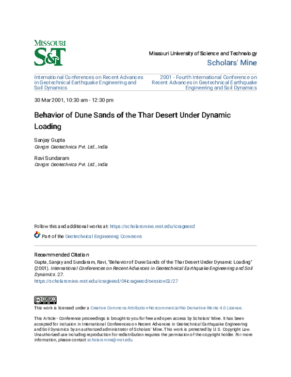 (PDF) Behavior of Dune Sands of the Thar Desert Under Dynamic Loading