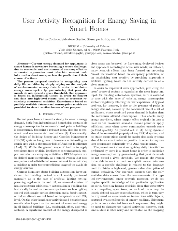 (PDF) User activity recognition for energy saving in smart homes