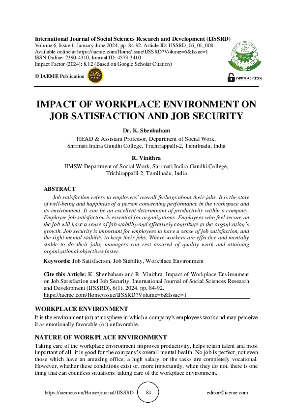 (PDF) IMPACT OF WORKPLACE ENVIRONMENT ON JOB SATISFACTION AND JOB SECURITY