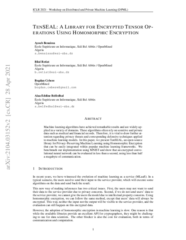 (PDF) TenSEAL: A Library for Encrypted Tensor Operations Using ...