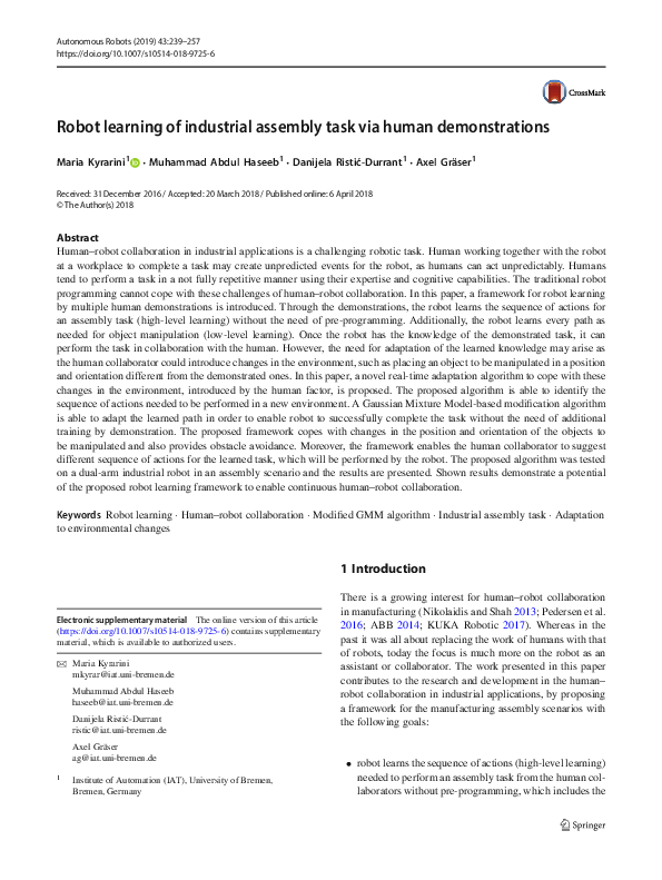 (PDF) Robot learning of industrial assembly task via human demonstrations
