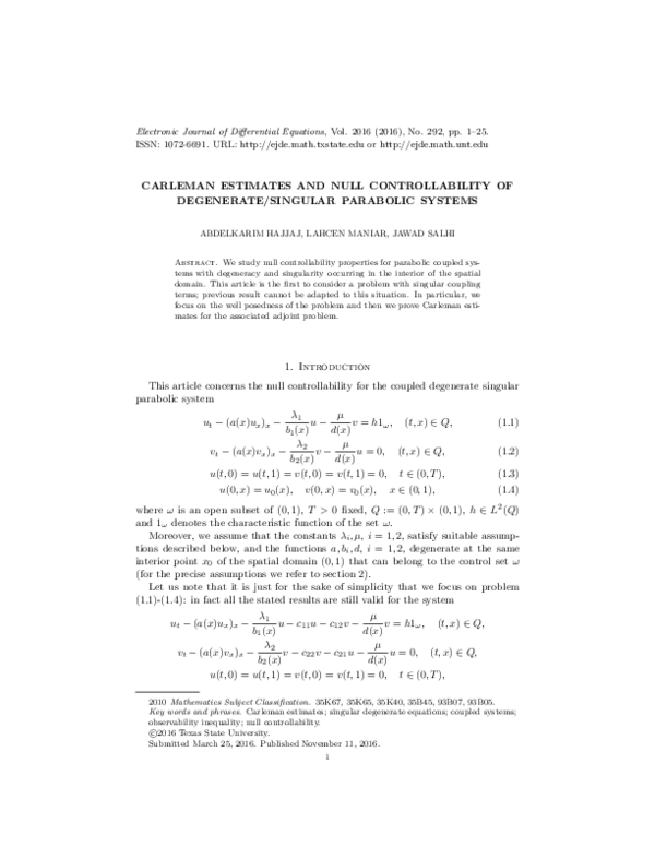(PDF) Carleman estimates and null controllability of degenerate ...