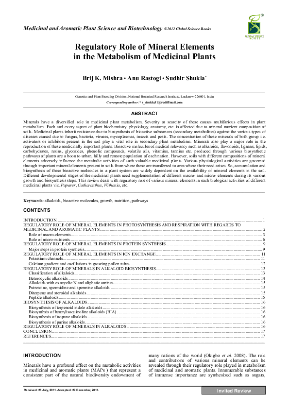(PDF) Regulatory Role of Mineral Elements in the Metabolism of ...