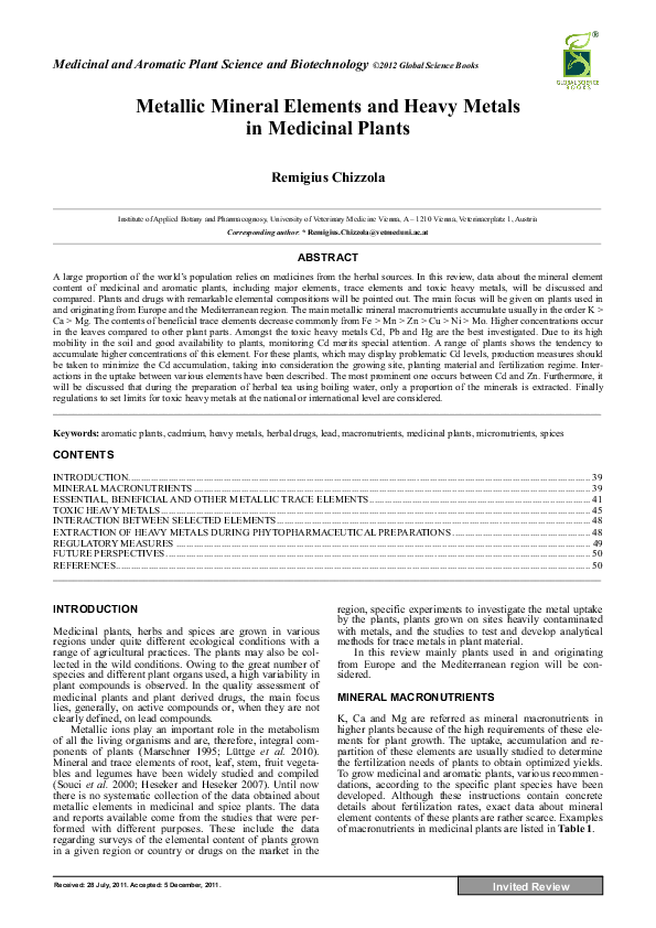 (PDF) Metallic Mineral Elements and Heavy Metals in Medicinal Plants