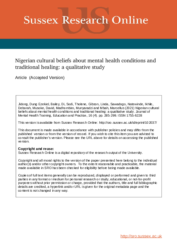 (PDF) Nigerian cultural beliefs about mental health conditions and ...