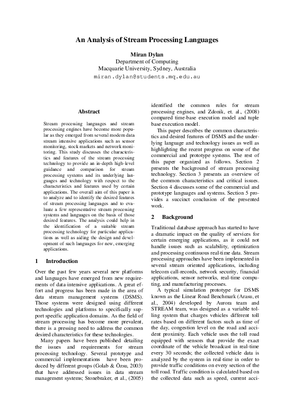 (PDF) An Analysis of Stream processing Languages