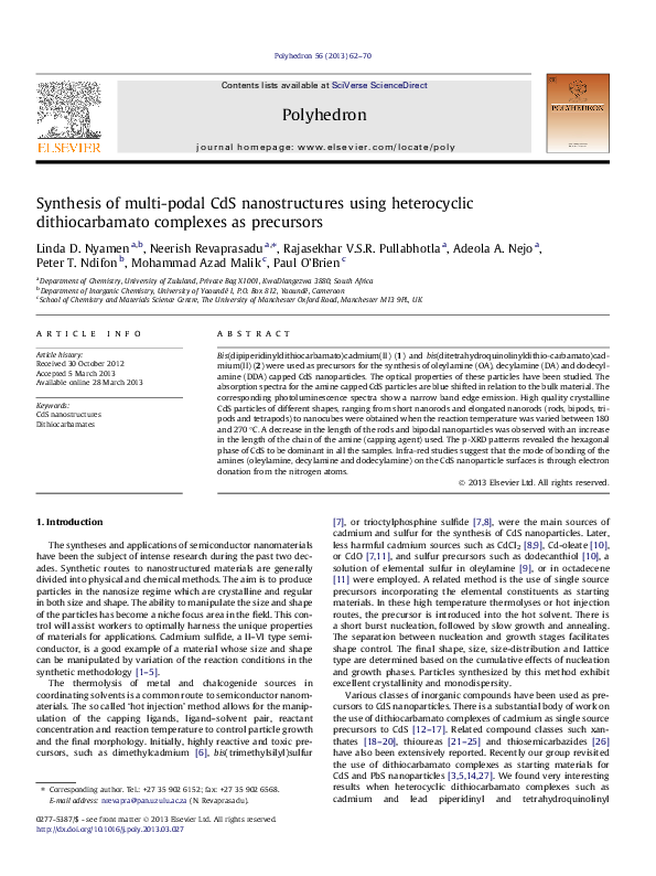 (PDF) Synthesis of multi-podal CdS nanostructures using heterocyclic ...