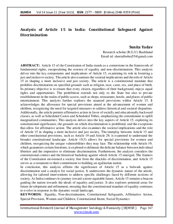(PDF) Analysis of Article 15 in India: Constitutional Safeguard Against ...