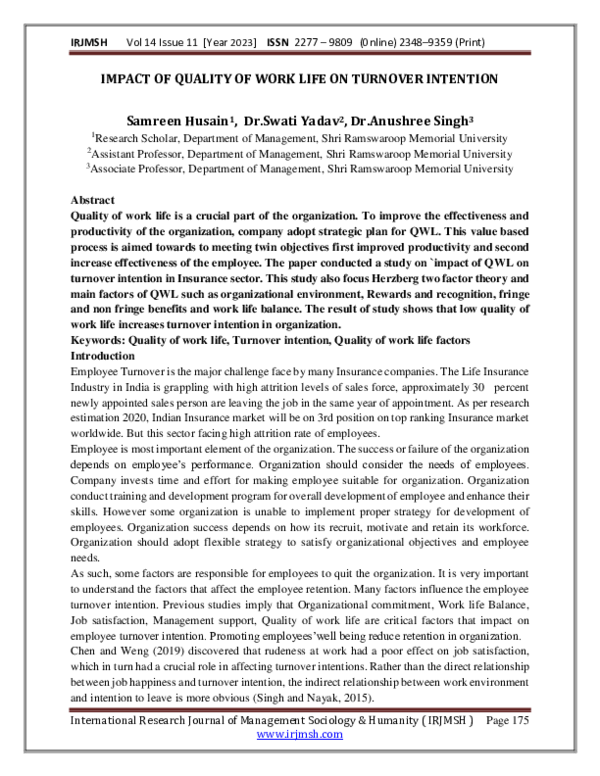 (PDF) IMPACT OF QUALITY OF WORK LIFE ON TURNOVER INTENTION