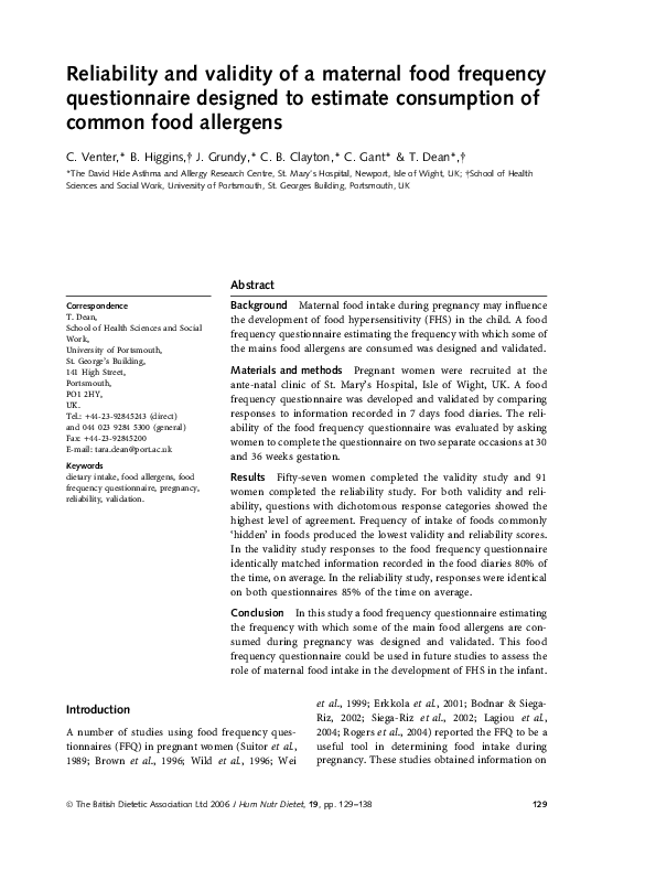 (PDF) Reliability and validity of a maternal food frequency ...