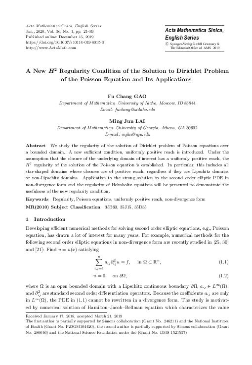 (PDF) A New H2 Regularity Condition of the Solution to Dirichlet ...