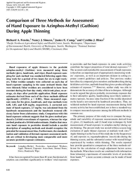 (PDF) Comparison of Three Methods for Assessment of Hand Exposure to ...