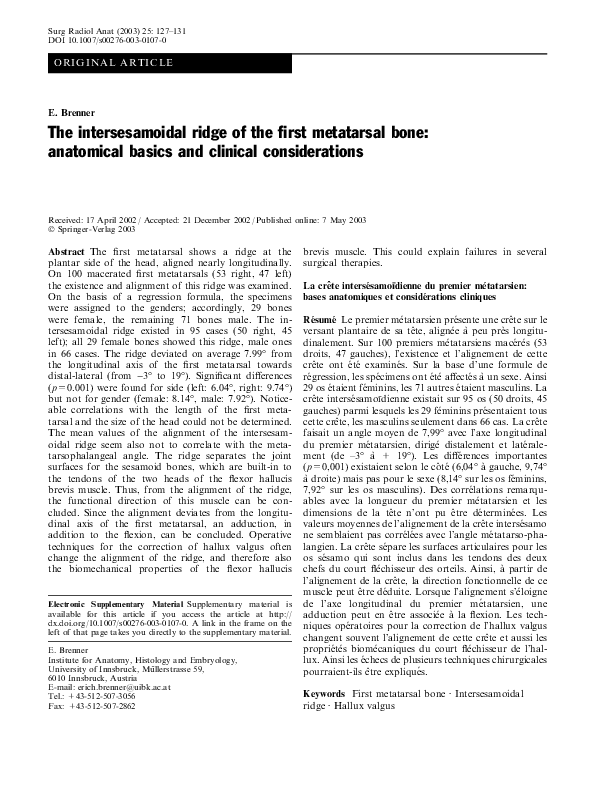 (PDF) The intersesamoidal ridge of the first metatarsal bone ...