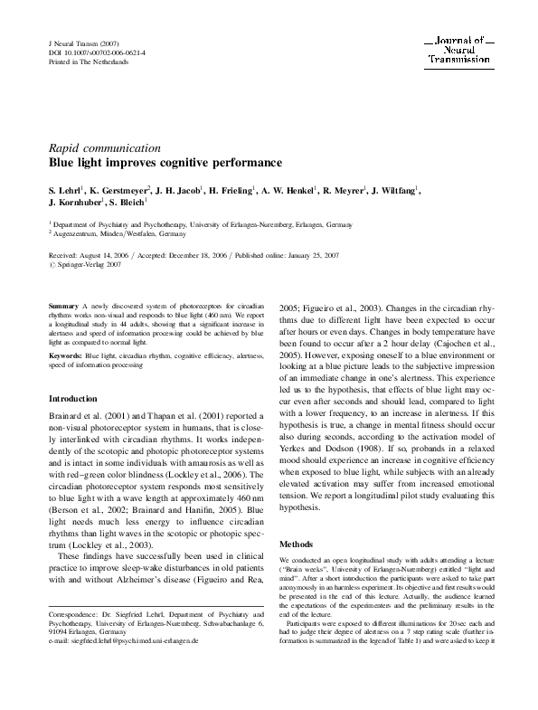 (PDF) Blue light improves cognitive performance