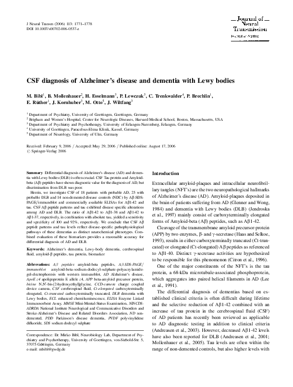 (PDF) CSF diagnosis of Alzheimer’s disease and dementia with Lewy bodies