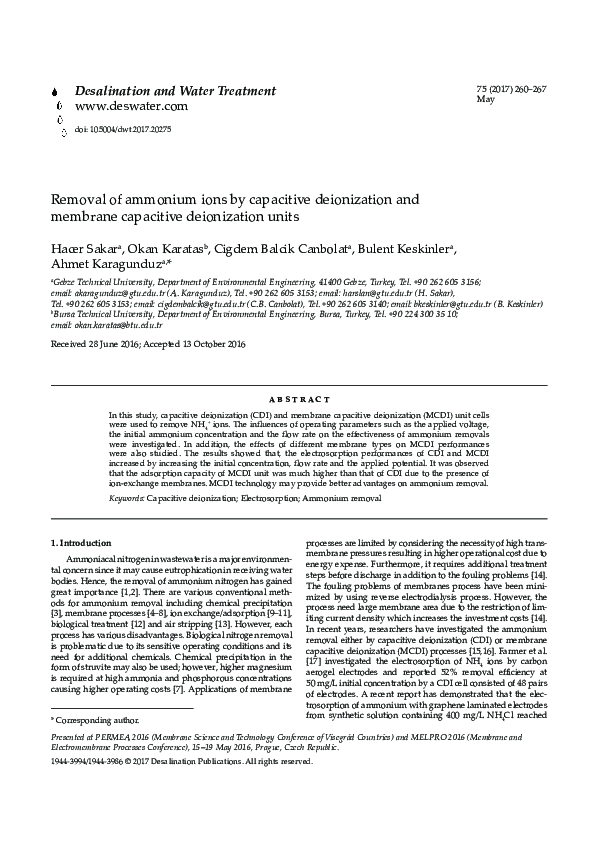 (PDF) Removal of ammonium ions by capacitive deionization and membrane ...