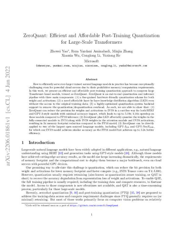 (PDF) ZeroQuant: Efficient and Affordable Post-Training Quantization ...