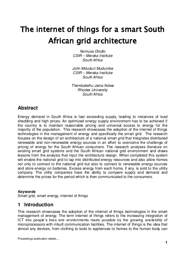 (PDF) The internet of things for a smart South African grid architecture