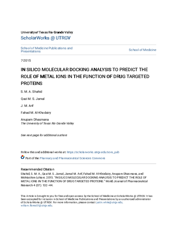 (PDF) In Silico Molecular Docking Analysis to Predict the Role of Metal ...
