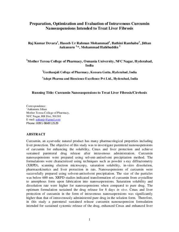 (PDF) Preparation, Optimization and Evaluation of Intravenous Curcumin ...